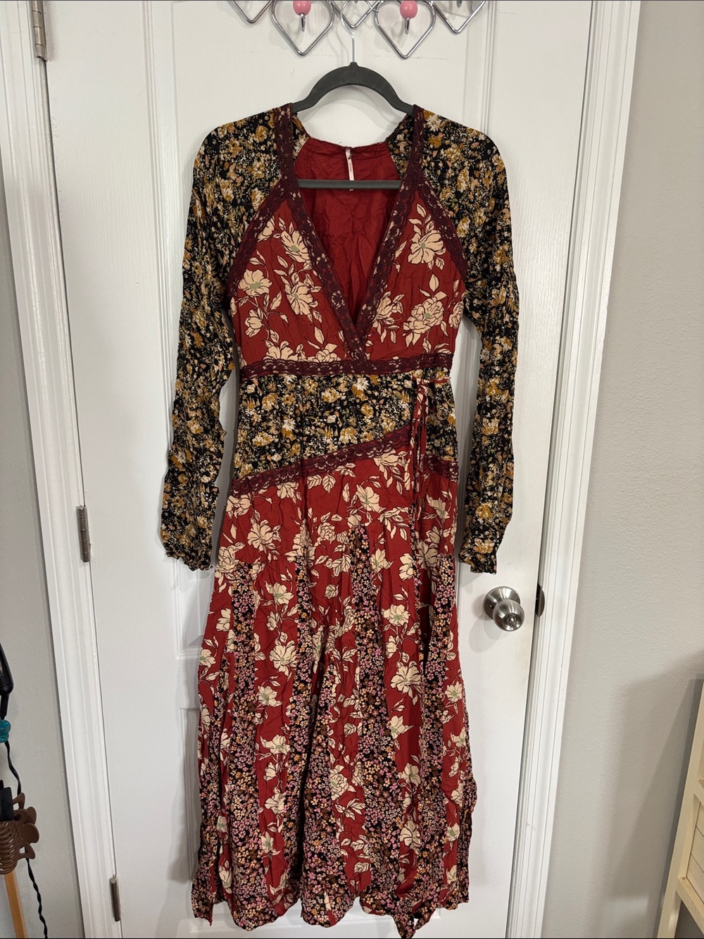 Free People Burgundy Floral Patchwork Long Sleeve Maxi Dress
